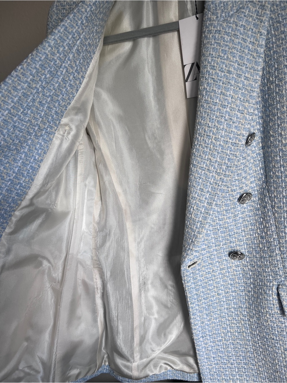 ZARA Light Blue Tweed Double-Breasted Blazer Jacket NWT size small - Picture 7 of 8